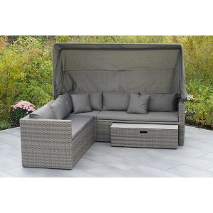 Graue Gartenmöbel Lounge-Gruppe San Marco mit Dach und Kissen auf Terrasse.