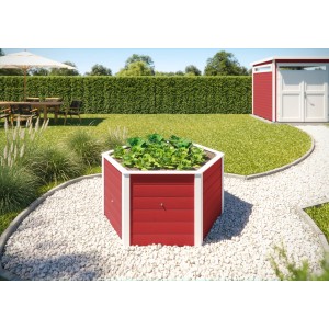 Rotes Weka Elementhochbeet 669 6-Eck im Garten mit Bepflanzung.