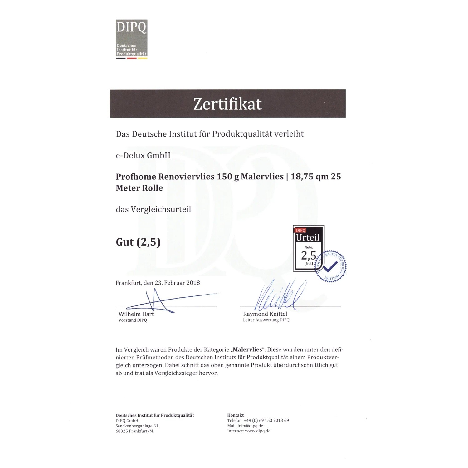 Zertifikat für Profhome Malervlies 150g, Testsiegel "Gut (2,5)" für Renoviervlies.