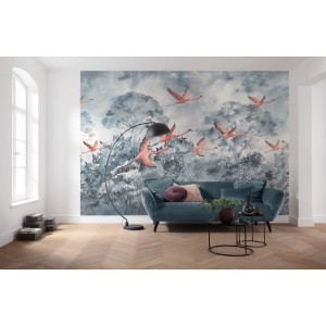 Komar Vlies Fototapete "Flamingos in the Sky", 400x280 cm, mit Flamingo-Motiv im Wohnraum.