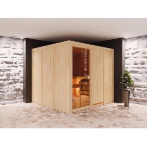 Helle Karibu Elementsauna Celine mit Glastür und Holzbänken im Innenraum.