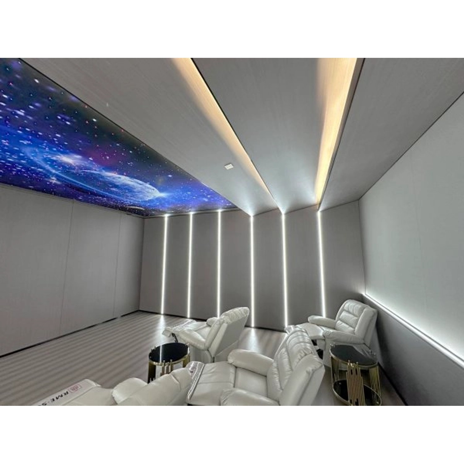 Raum mit hellgrauen Colortree Wandpaneelen in Holzoptik und Deckenpaneel mit Sternenhimmel-Motiv.