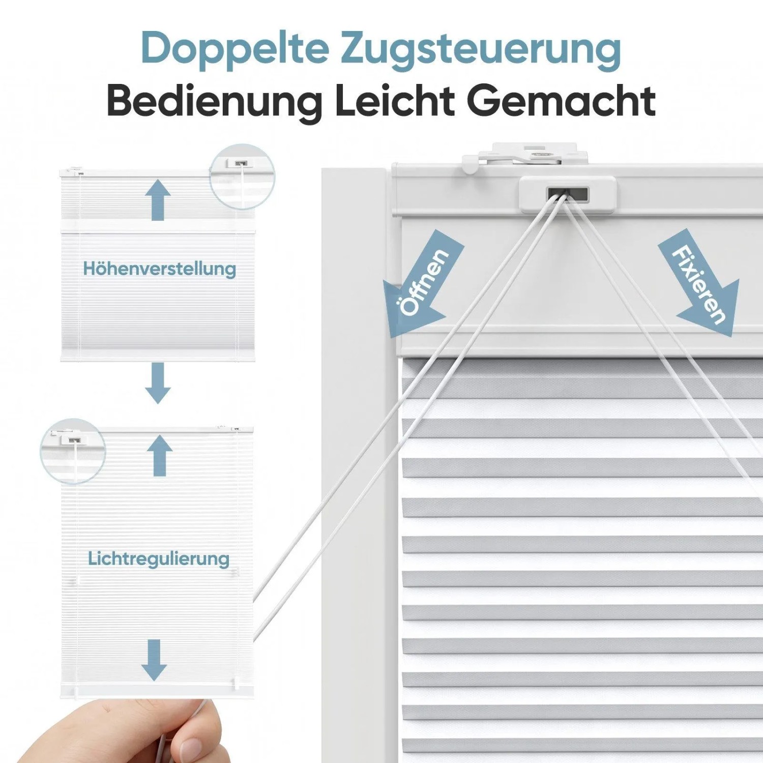 Weißes Sekey Tag&Nacht Wabenplissee mit doppelter Zugsteuerung für Höhen- und Lichtregulierung. Klemmfix-Bedienung.