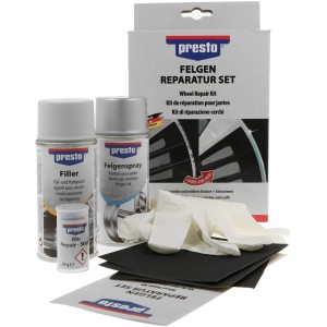Presto Felgen-Reparatur-Set mit Füller, Felgenspray, Alu-Reparatur-Stift, Handschuhen und Schleifpapier.
