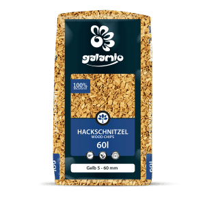 Sack Galamio Holzhackschnitzel, gelb, 60l. Dekormulch aus Kiefernholz für den Garten.
