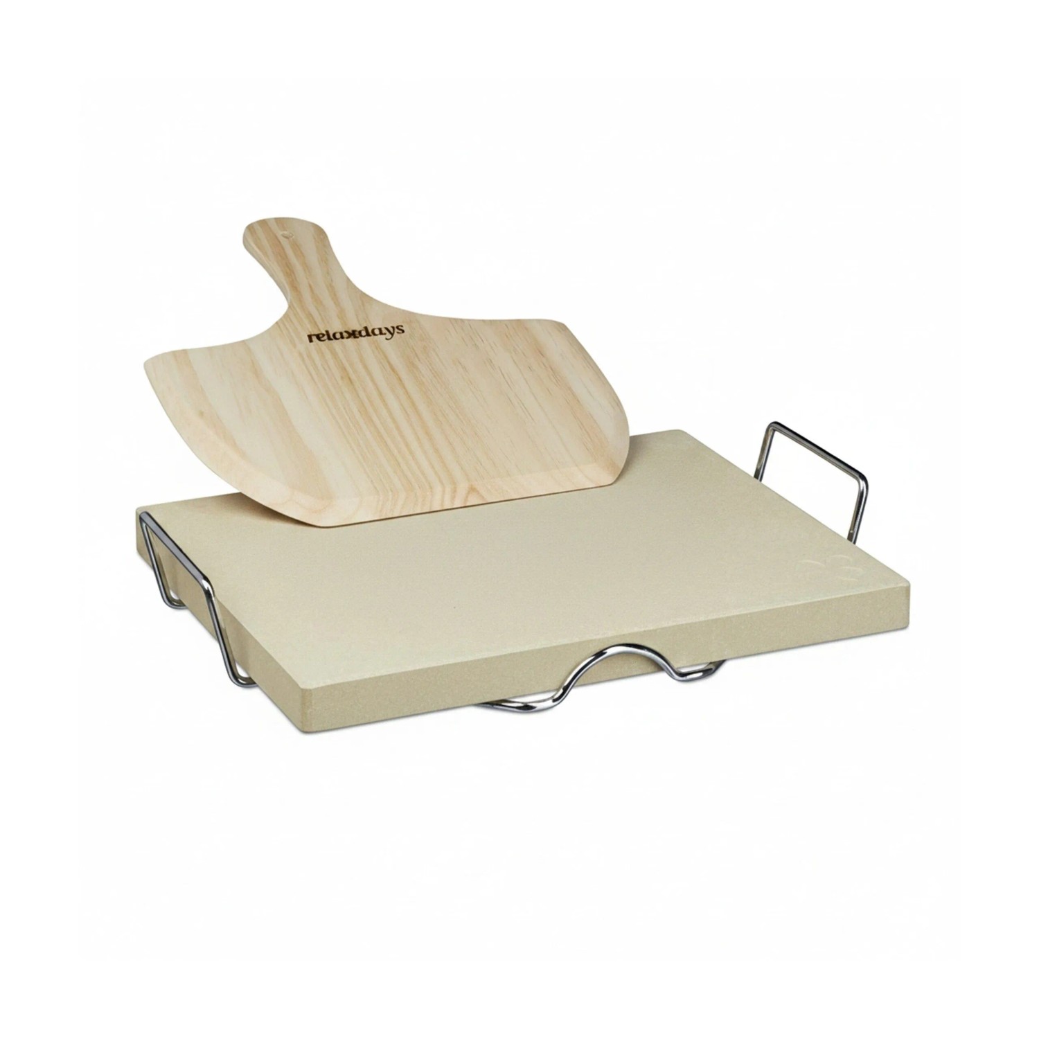 Relaxdays Pizzastein Set Cordierit mit Pizzaheber und Metallhalter 38 cm x 30 cm x 3 cm 3,9 kg