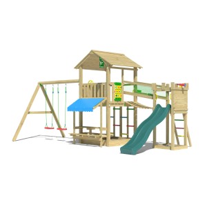Jungle Gym Spielturm Cascade mit 2 Schaukeln, Brücke, Rutsche und Picknicktisch.