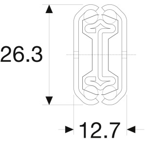 Accuride Kugelkäfigführung DZ2601 Vollauszug: Technischer Querschnitt mit Maßen 26,3 mm Höhe, 12,7 mm Breite.