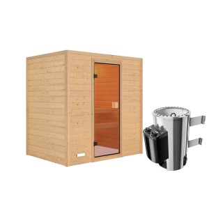 Karibu Sauna Selena aus Holz mit Ofen und Glastür. Massivholzsauna für den Innenbereich.