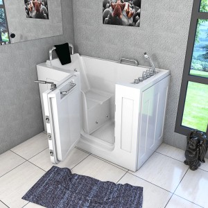 AquaVapore Sitzbadewanne mit Tür, 140x76cm. Whirlpool-Funktion, Armaturen und Nackenstütze inklusive.