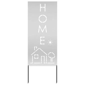 Silberne vidaXL Garten Sichtschutz-Leinwand aus verzinktem Stahl mit "HOME" Schriftzug und Haus-Motiv.