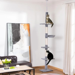 Höhenverstellbarer, grauer PawHut Kratzbaum mit Sisalsäulen und zwei Katzen.
