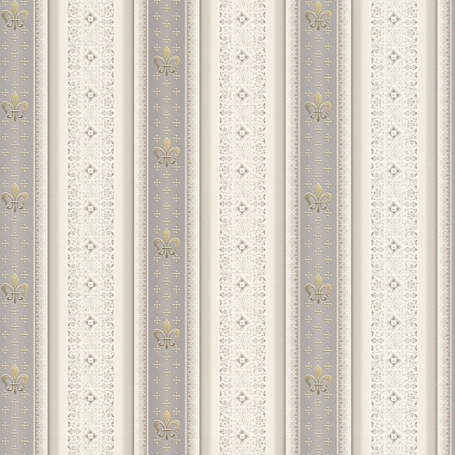 Bricoflor Silber Tapete Französische Lilie Barock Vliestapete mit Ornamenten auf Streifen Weiß Grau Elegante Vlies Wandtapete Opulent für Schlafzimmer