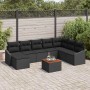 Schwarzes 9-teiliges vidaXL Garten-Sofa-Set aus Poly Rattan mit Kissen und Tisch.
