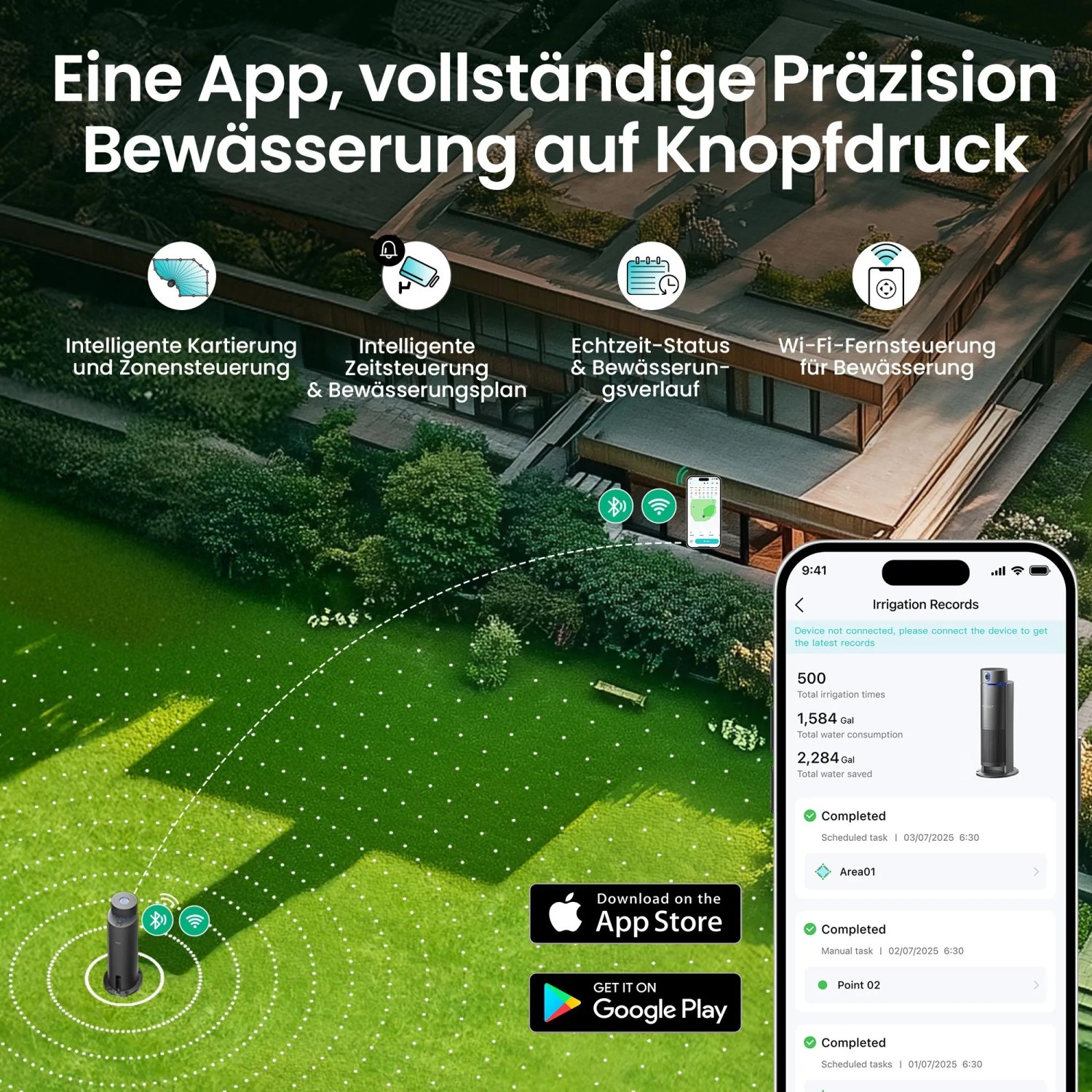 Aiper Irrisense 2 Bewässerungssystem mit App-Steuerung und intelligenter Rasenbewässerung im Garten.
