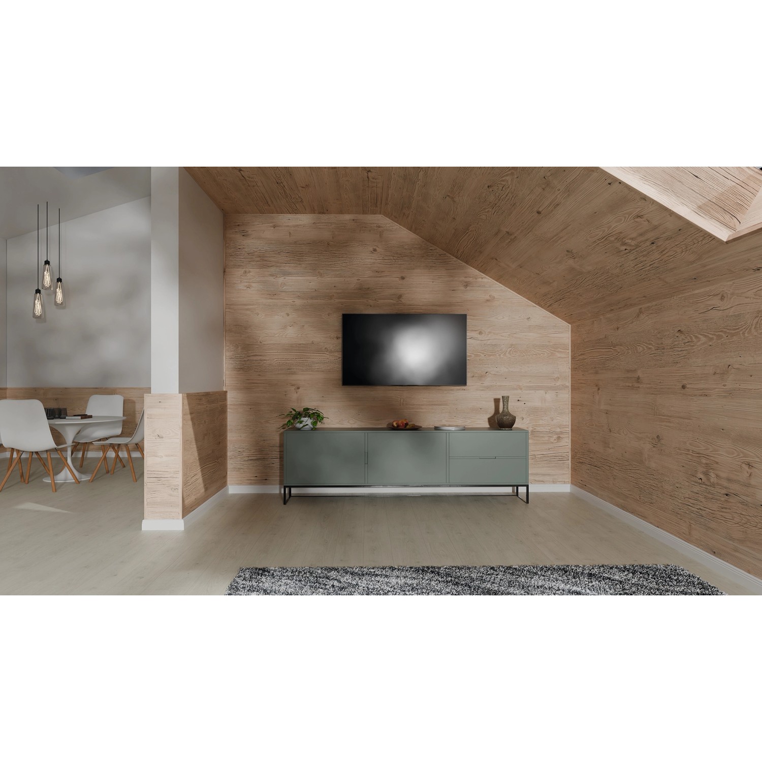 Wohnraum mit Egger Decowall Wandverkleidung DO006 Namur Fichte als Dekor-Paneele.