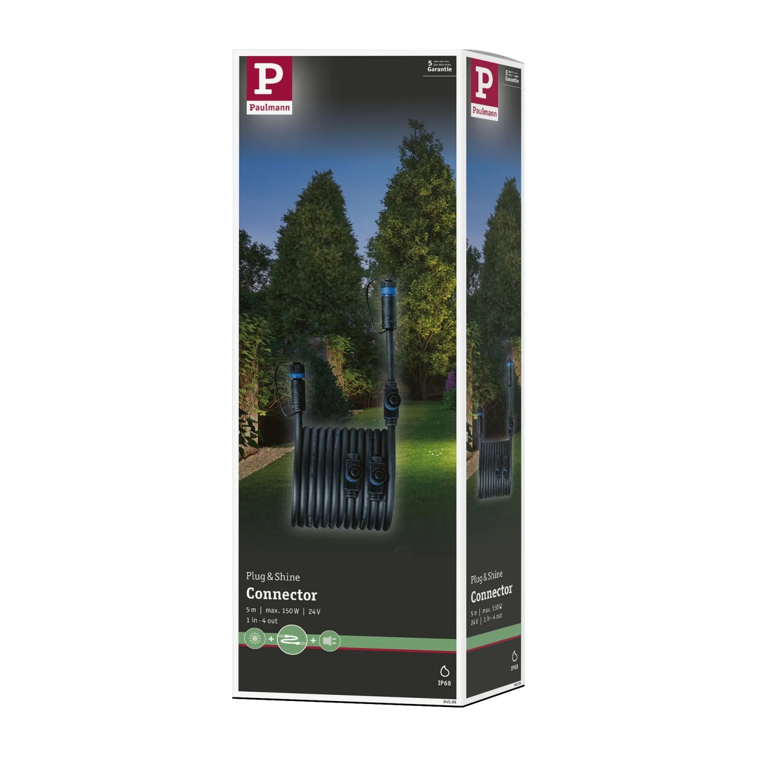 Verpackung des Paulmann Verbindungskabels Plug & Shine, 5m, mit 4 Ausgängen, schwarz, für Außenbeleuchtung.