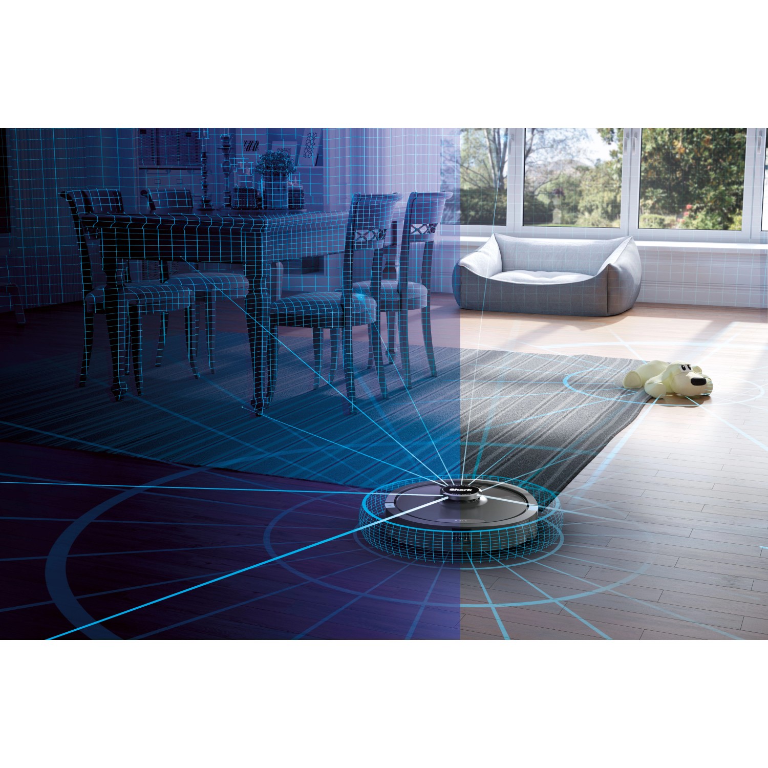 Shark Saug- und Wischroboter Matrix Plus RV2620WDEU bei der Reinigung mit 360° Lidar-Vision.