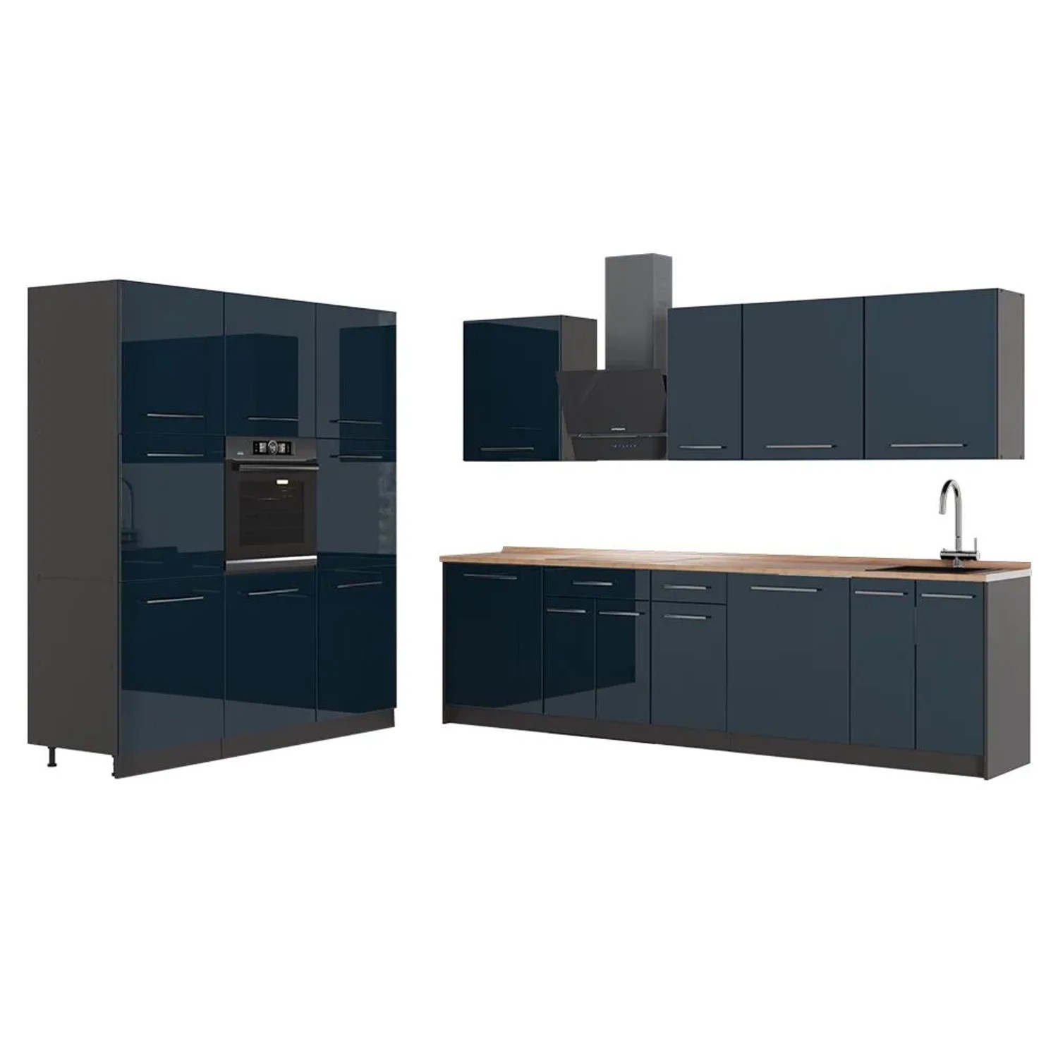 Vicco Küchenzeile Fame-Line Dunkelblau Hochglanz/Anthrazit 460 x 207 AP Eiche Art Nr 63767