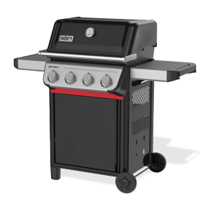 Schwarzer Weber Gasgrill E-410 Spirit 2025 mit 4 Brennern und Seitentischen.