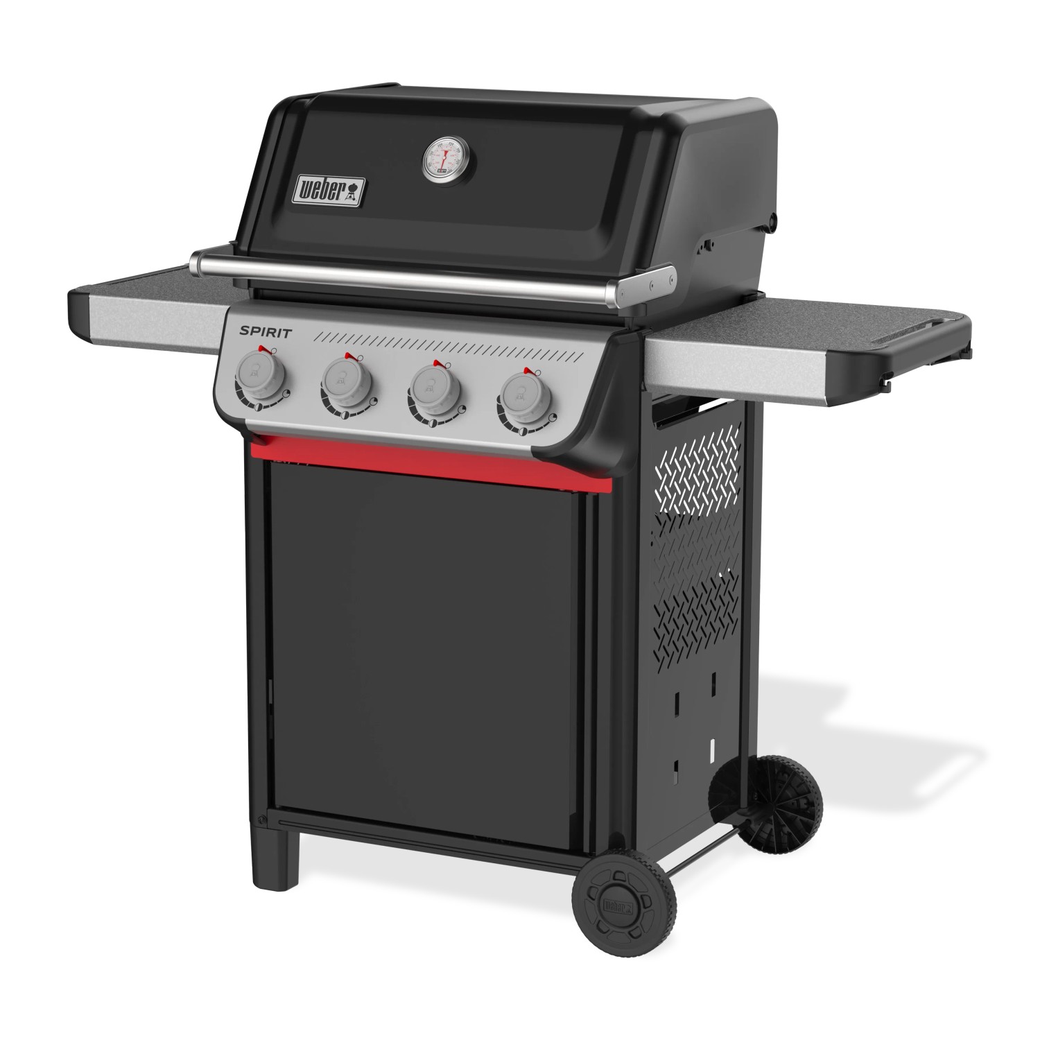 Schwarzer Weber Gasgrill E-410 Spirit 2025 mit 4 Brennern und Seitentischen.
