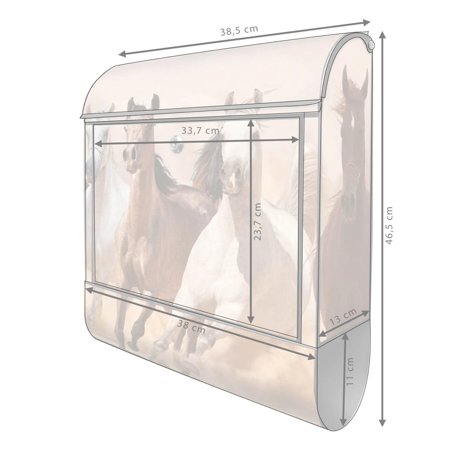 Schwarzer Design Briefkasten mit Pferde Motiv und Zeitungsfach, 39x47x14cm.