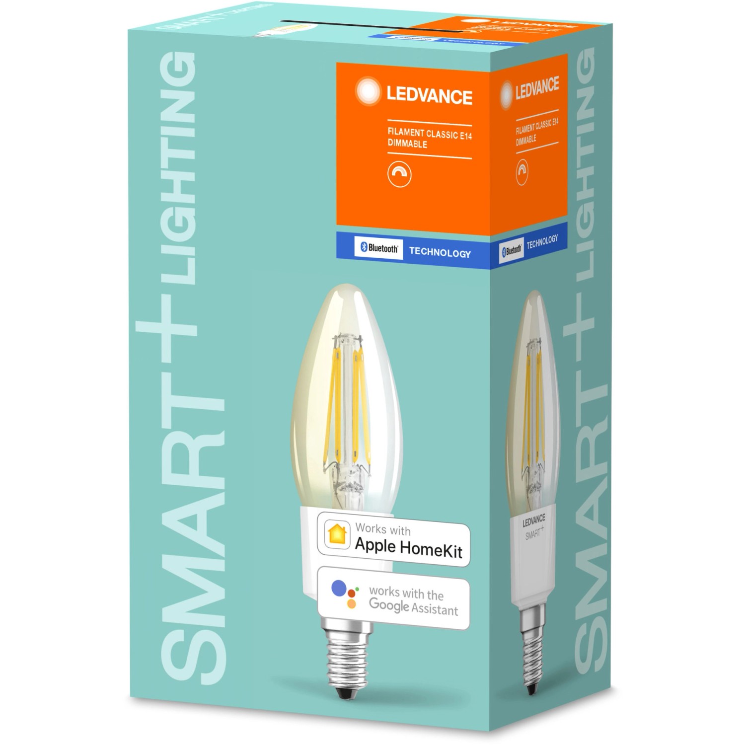 Ledvance Smart+ Bluetooth LED-Lampe in Kerzenform, E14, 4W, Filament klar. Verpackung.