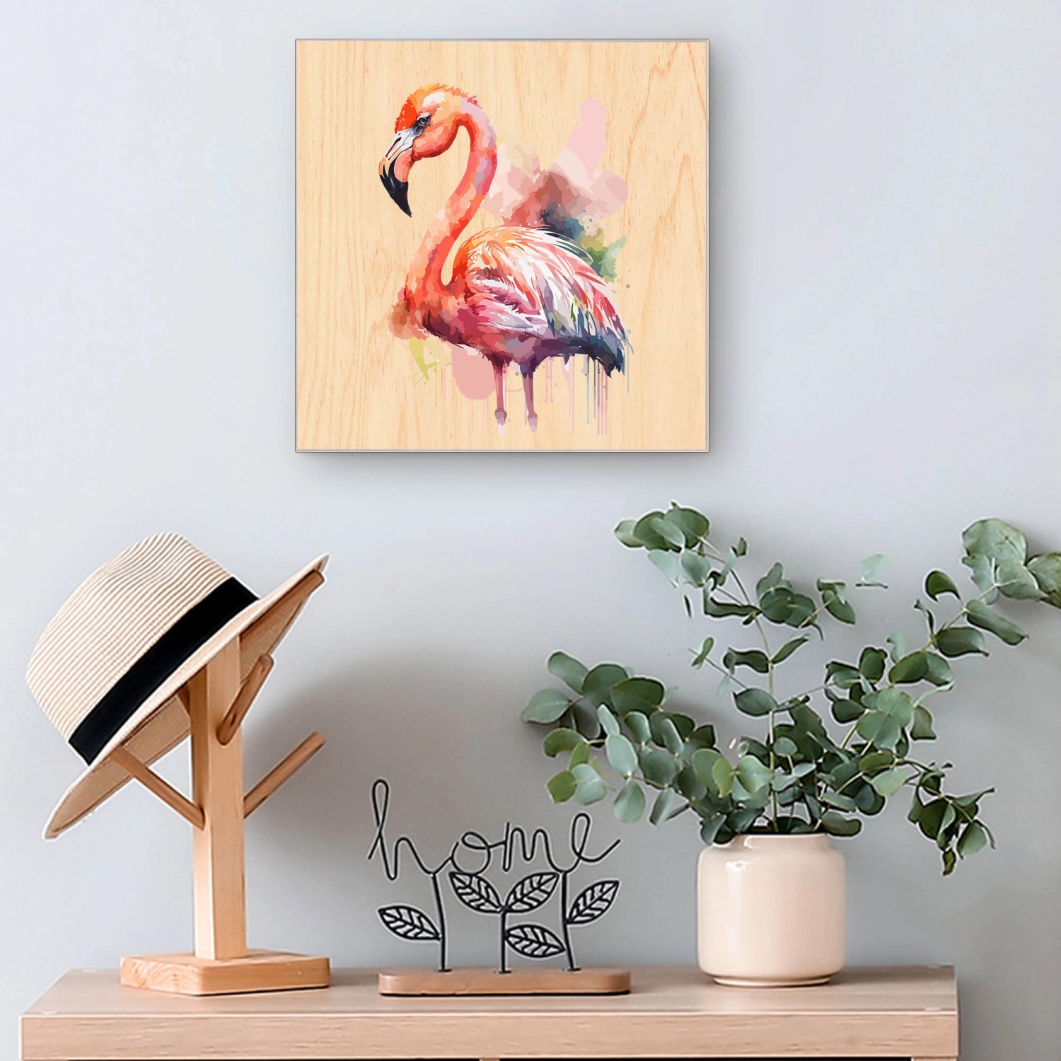 Banjado Schlüsselbox mit Aquarell-Flamingo auf Holzfront, 30x30cm, 50 Haken, Scharnier rechts.