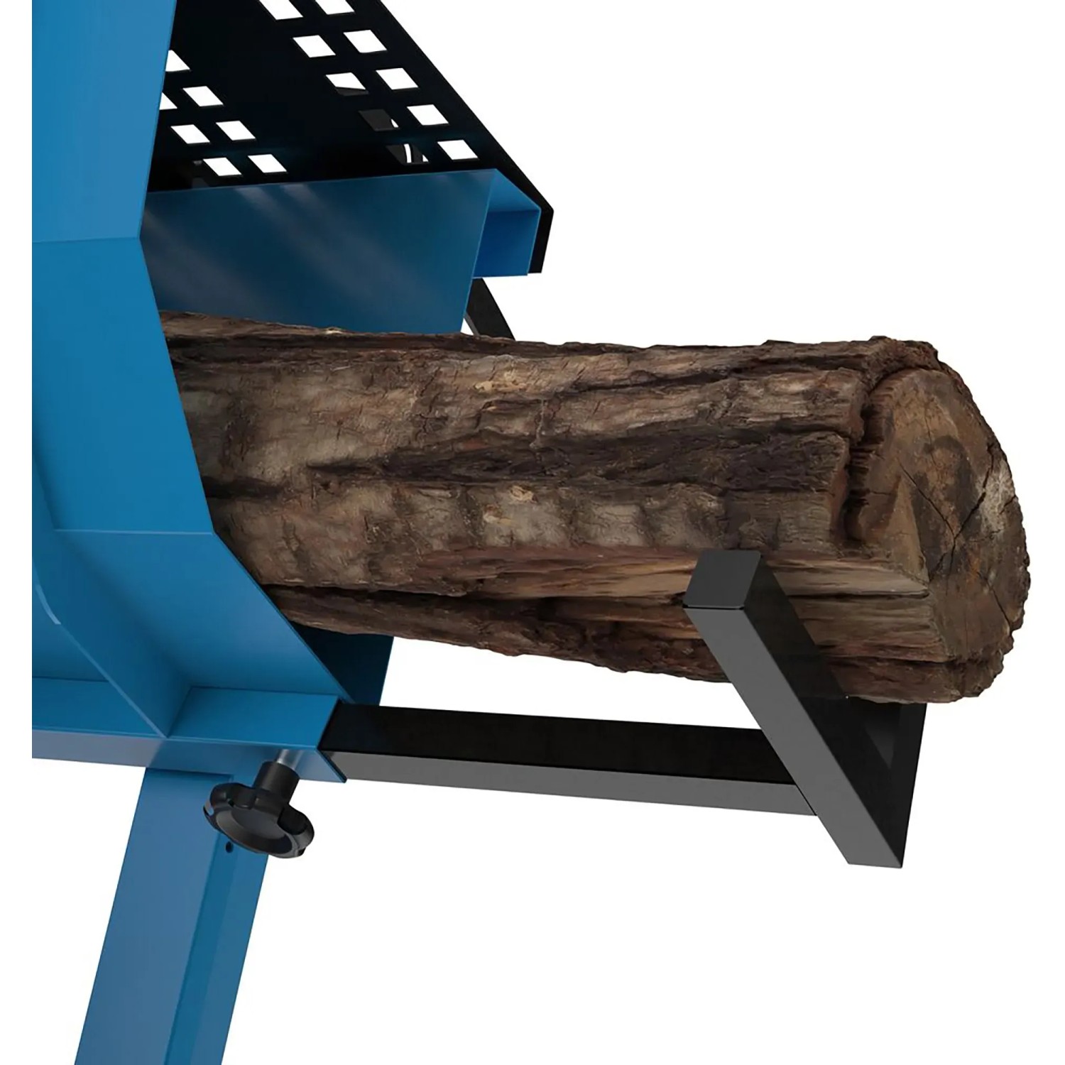 Detailaufnahme: Güde Wippsäge GWS 700 ZR HM-2 mit Holzstamm. Wippsäge in blau/schwarz.