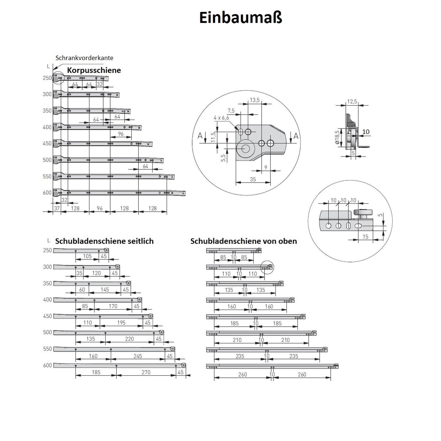 Technische Zeichnung: MS Beschläge Rollenführung Weiss 500 mm Schubladenschiene mit Einbaumaßen.