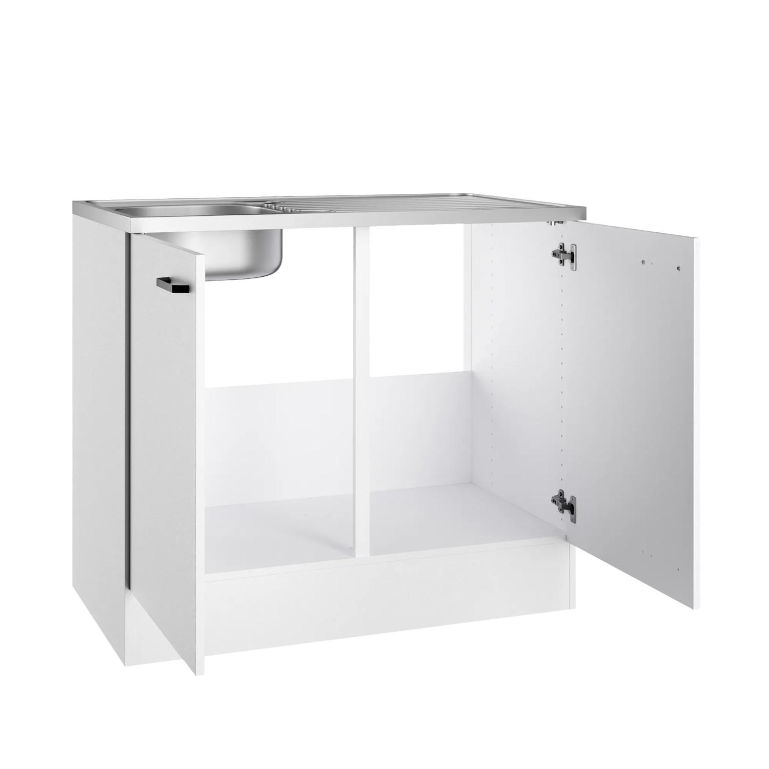 Weißer OPTIFIT Spülenunterschrank Bonn214 mit Edelstahl-Auflagespüle, teilgeöffnet.