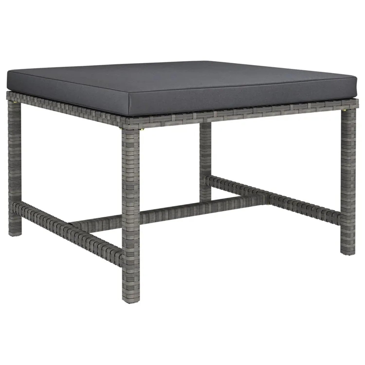 Grauer vidaXL Gartenhocker/Tisch aus Rattan mit anthrazitfarbenem Kissen.