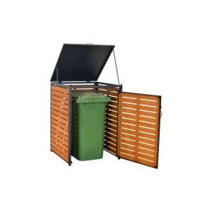 Merxx Mülltonnenbox Basis Klein aus Alu/Akazie mit geöffnetem Deckel und Tür.