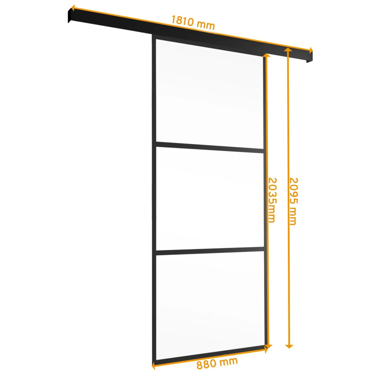 inova Loft Glasschiebetür, 880x2035mm, Komplettset mit schwarzem Aluminiumprofil und Softclose.