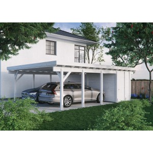 Kiehn-Holz Geräteraum für Doppelcarport KH 330, weiß, mit zwei geparkten Autos.