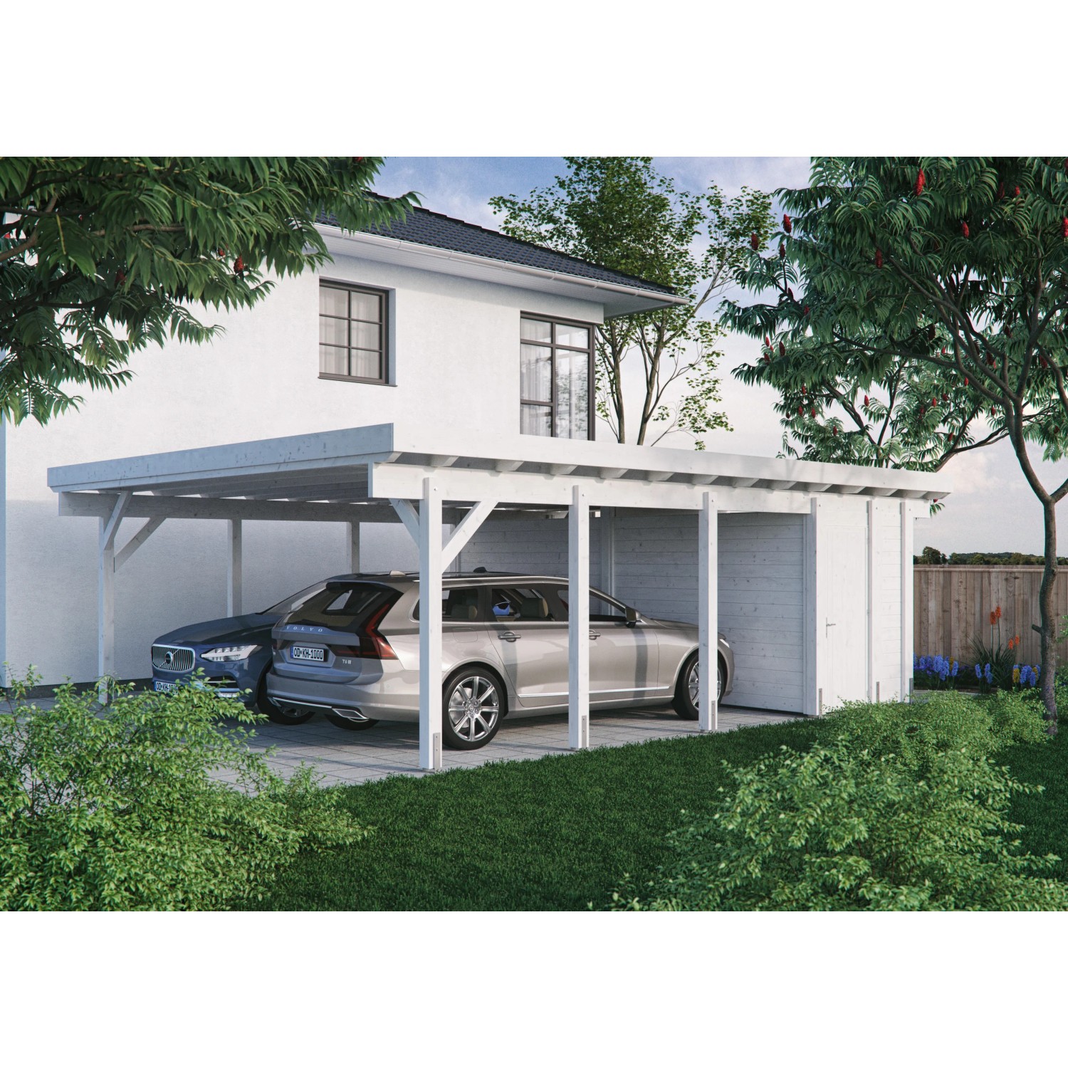 Kiehn-Holz Geräteraum für Doppelcarport KH 330 Weiß 174 cm x 585 cm