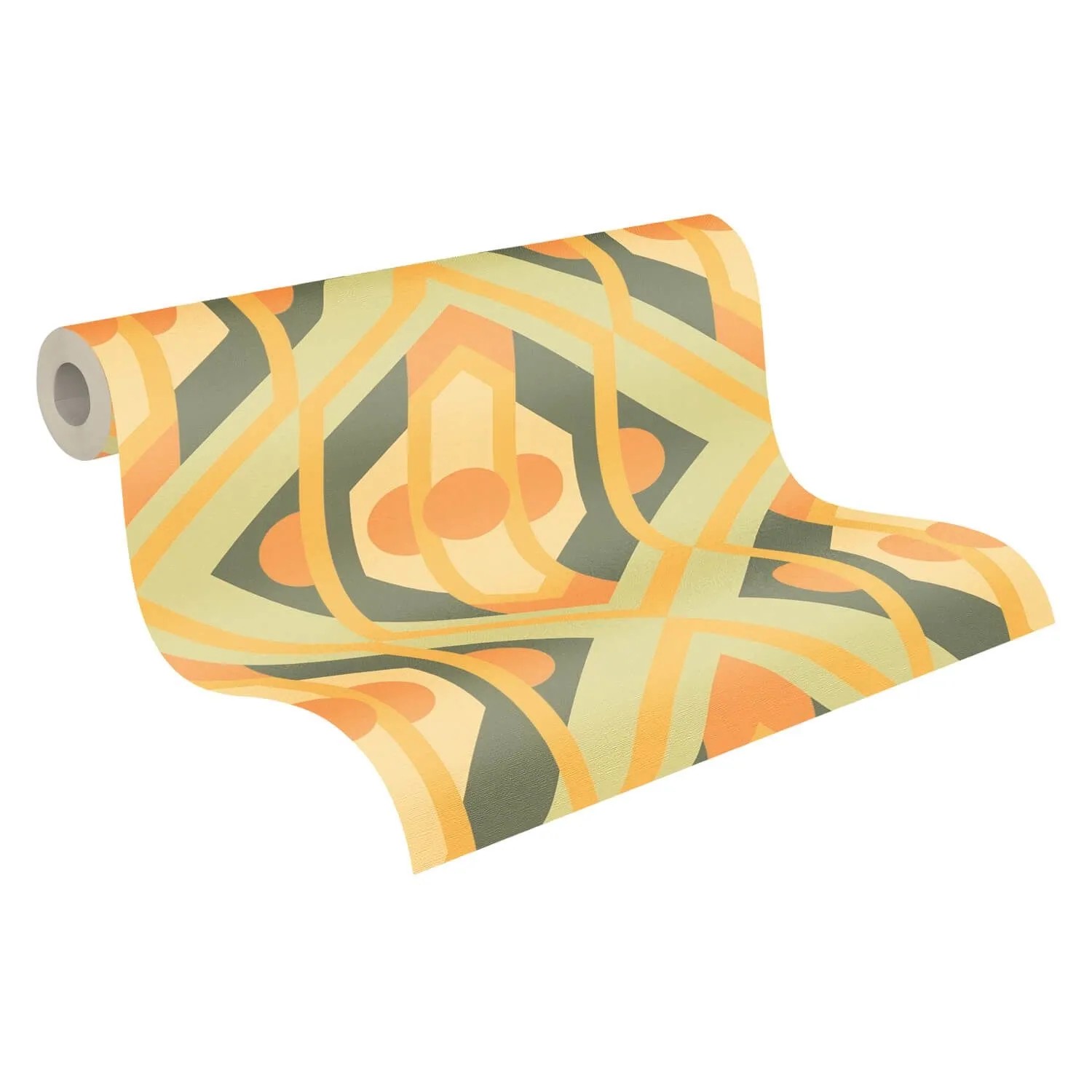 PROFHOME Retro Tapete mit geometrischem Muster in Grün, Gelb, Orange und Braun.