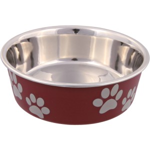 Jollypaw Katzennapf aus Edelstahl mit rotem Kunststoffmantel und weißen Pfoten, 0,3 l.