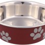 Jollypaw Katzennapf aus Edelstahl mit rotem Kunststoffmantel und weißen Pfoten, 0,3 l.
