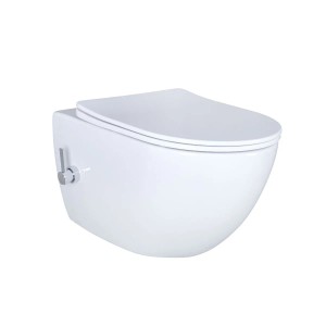 Weißes Creavit Wand-WC mit Bidetfunktion und Warmwasserarmatur, spülrandlos. WC-Sitz nicht enthalten.