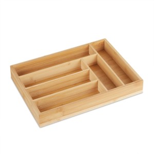 Besteckkasten aus hellem Bambus mit 6 Fächern für Schubladen. Natürliche Holzmaserung, ideal zur Küchenorganisation.
