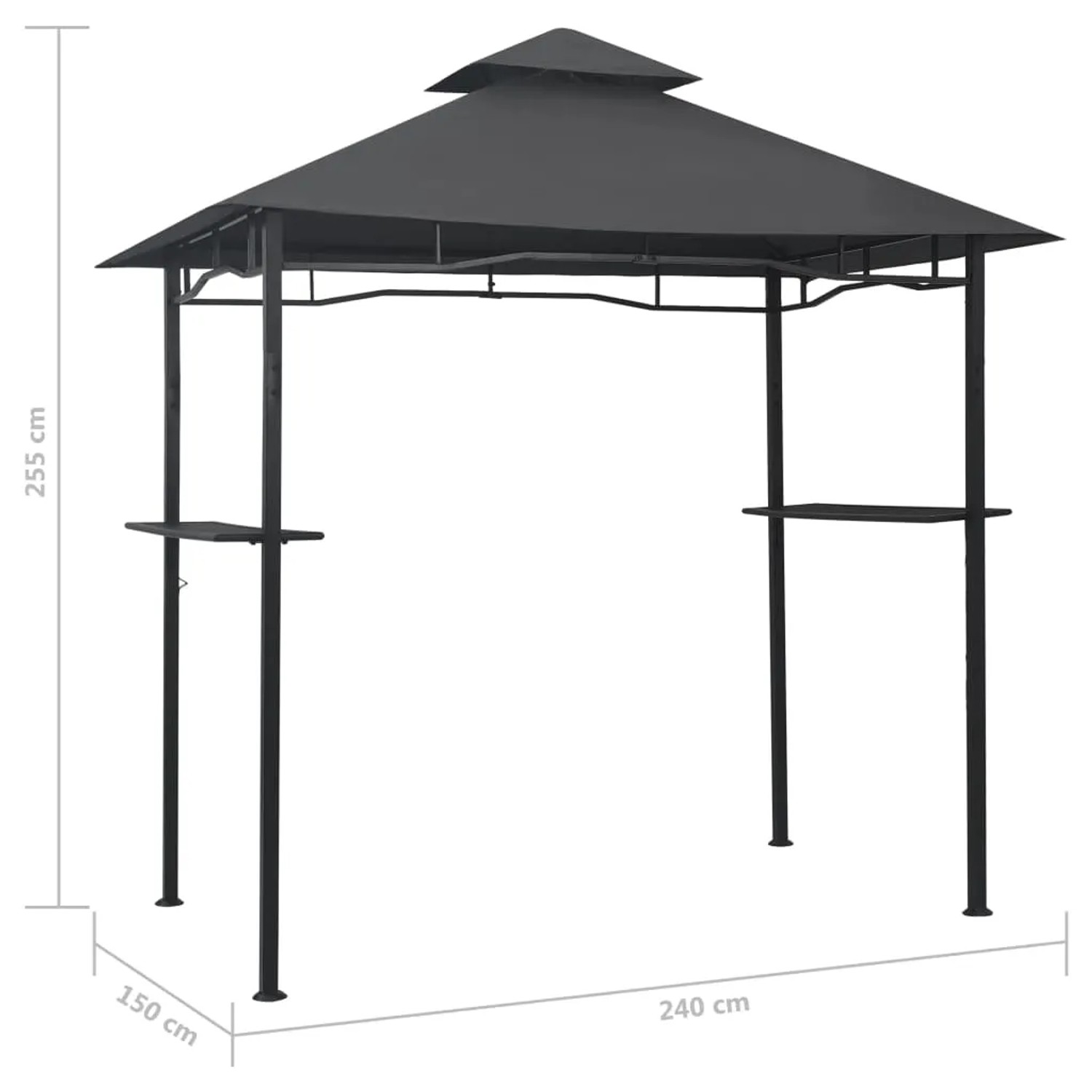 Anthrazitfarbener BBQ-Pavillon (240x150x255 cm) mit Stahlrahmen und Bartresen für Grillabende.
