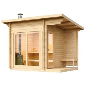 FinnTherm Saunahaus Lizzy S aus naturbelassener Fichte mit Verglasung und überdachter Terrasse.