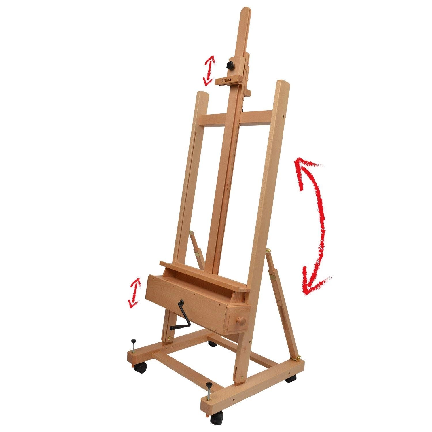 Artina Pisa Staffelei aus Buchenholz, rollbar und mit Schubladen.