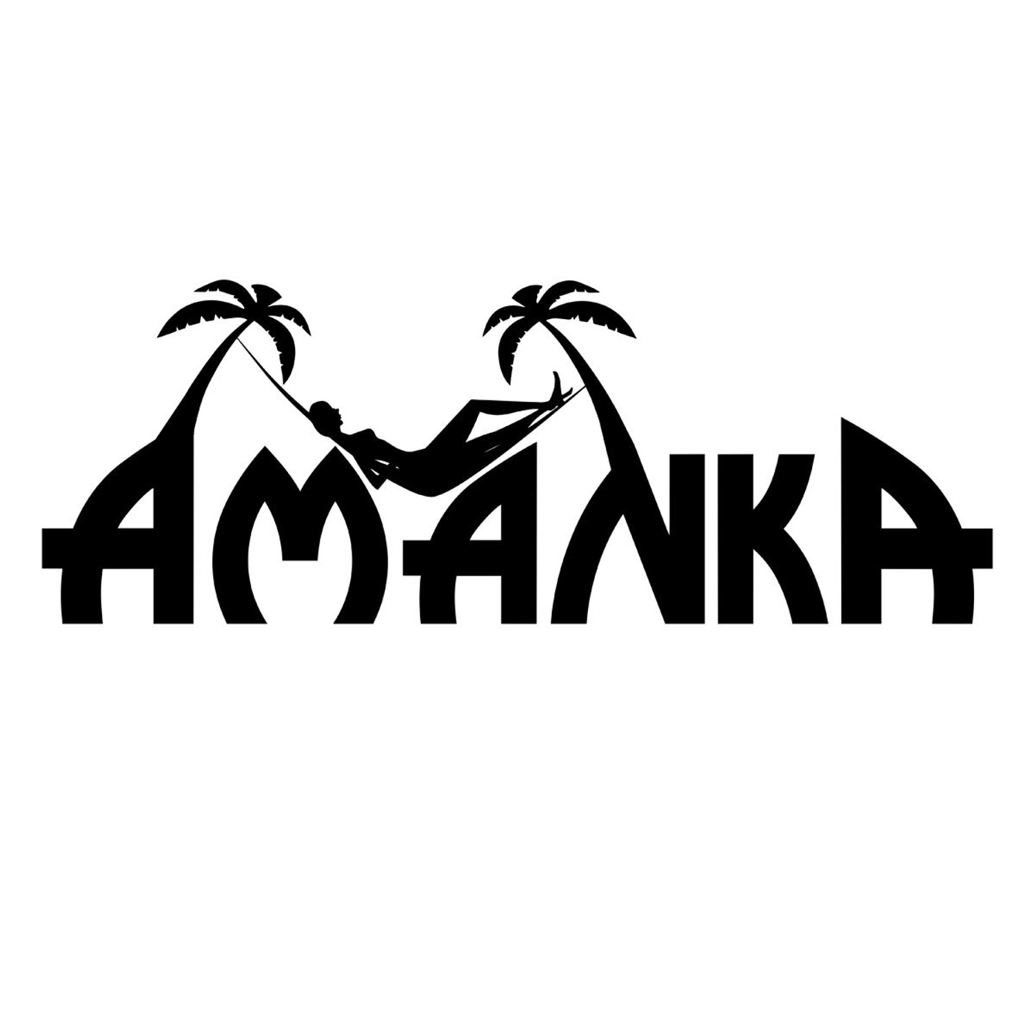 AMANKA Logo: Schriftzug mit Person in Hängematte zwischen Palmen. Sonnensegel und mehr für entspannte Stunden.