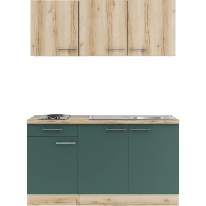 OPTIFIT Miniküche 150cm in Wildeiche/Steingrün mit Kochfeld und Spüle.