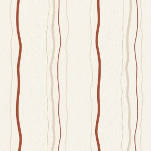 Gestreifte Vliestapete in Rot, Creme und Beige mit geschwungenen Linien für Wohnzimmer und Flur.