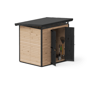 Braunes Upyard Gartenhaus Strongbox L mit Fundament und geöffneten Doppeltüren.