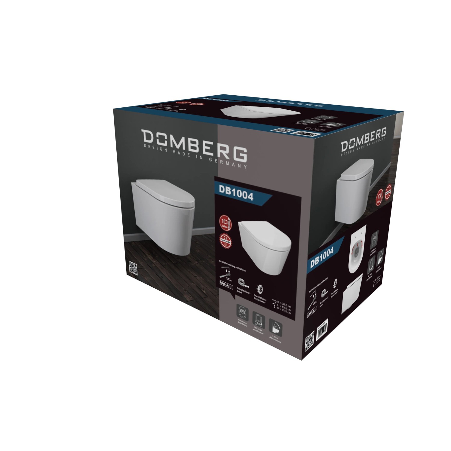 Verpackung des Domberg Wand-WC-Sets DB1004 Weiß, ein spülrandloses Wand-WC mit Absenkautomatik.