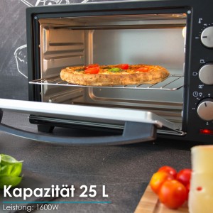 Steinborg Minibackofen SB-3012 mit Pizza im Garraum, silber/schwarz.